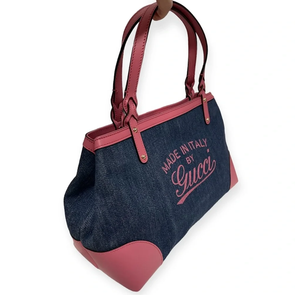 GUCCI Hawaii Tote Blue Denim Pink Leather Oversized Rare Vintage EUC